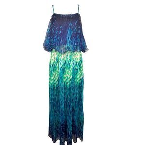Audrey Ann Blue Green Watercolor Maxi Sundress Dress